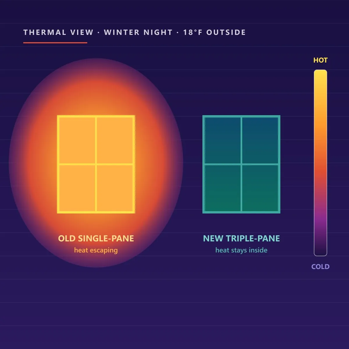 Thermal-view comparison of an old single-pane window losing heat versus a new triple-pane window